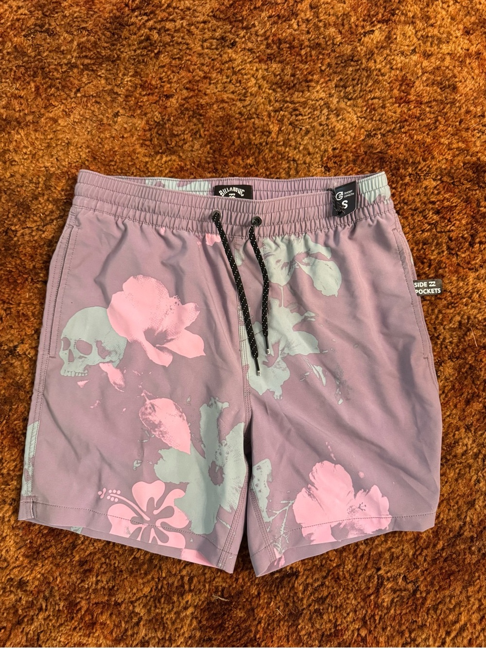 Billabong Mauve Board Shorts with Pink & Light Gray Floral Skull Print